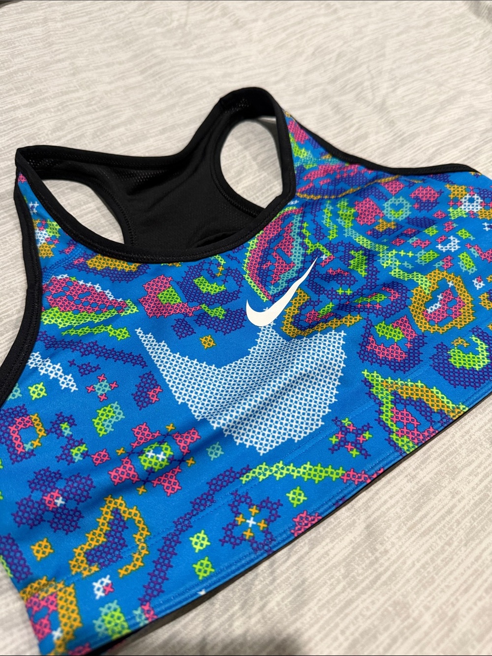 Nike Blue Multicolor Racerback Sports Bra with White Swoosh